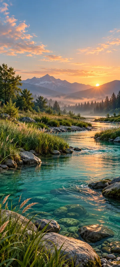 A teal river bends through reeds and smooth stones.