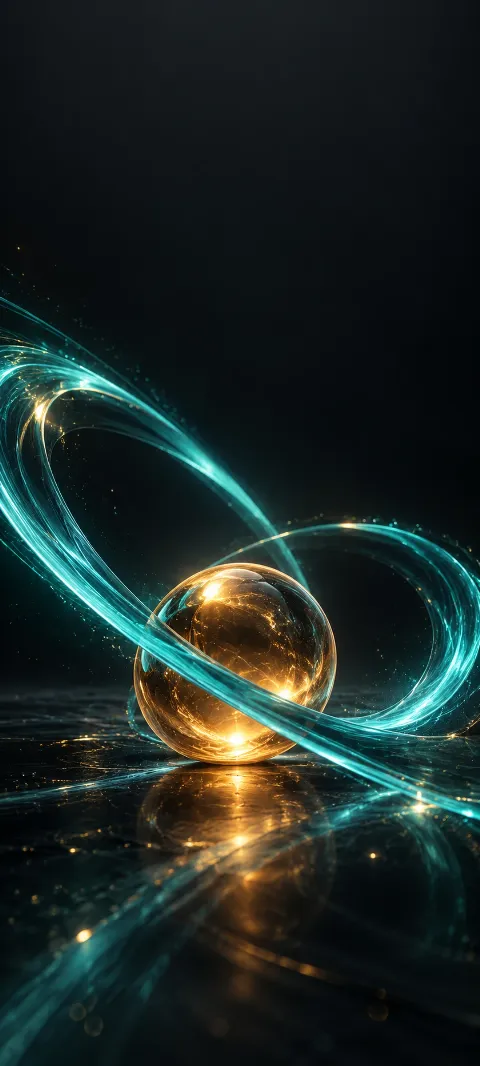 Teal light arcs wrap around an amber glass sphere against dark charcoal space.