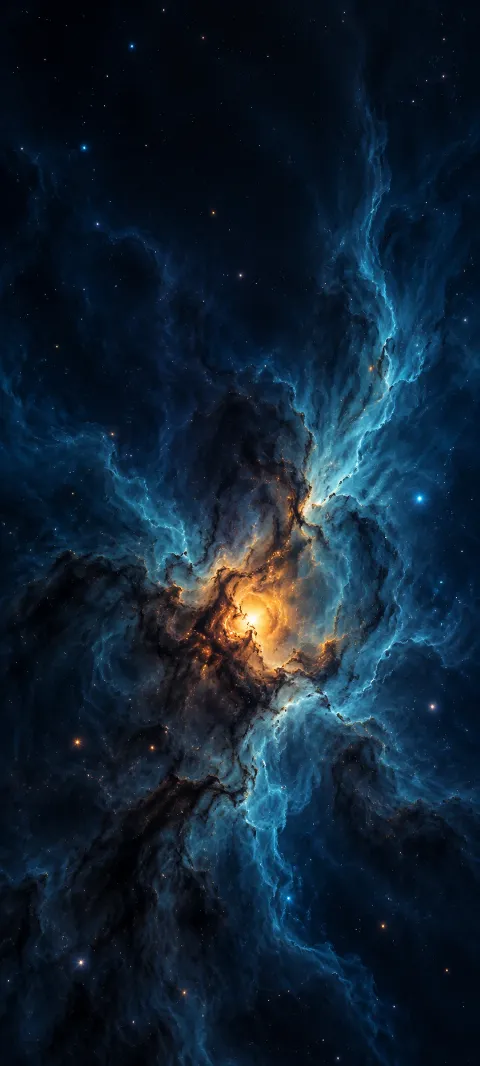 Amber glowing nebula core surrounded by blue cosmic clouds and faint stars.