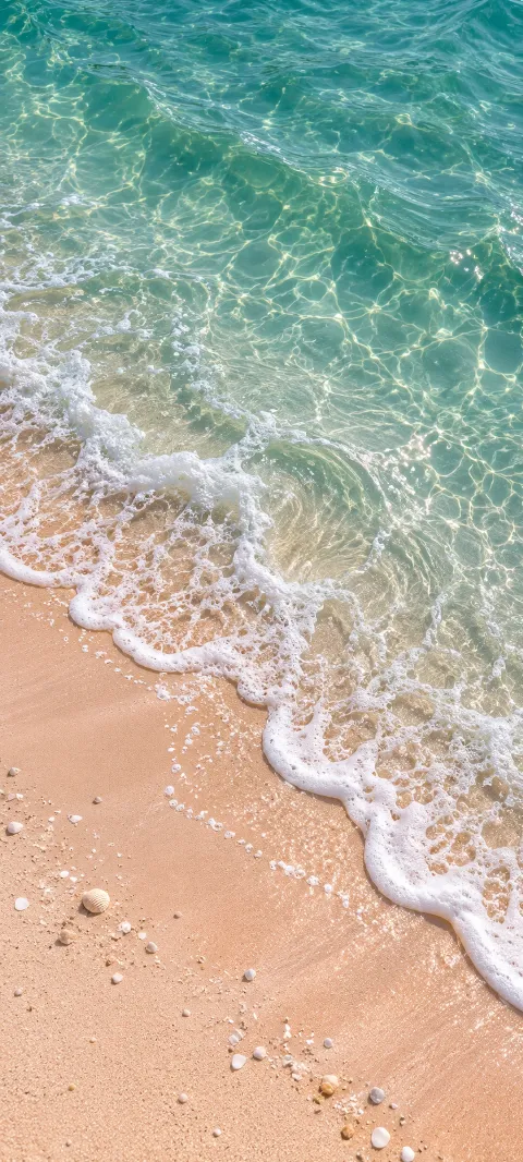Scalloped white seafoam along clear green water and peach sand with small shells.