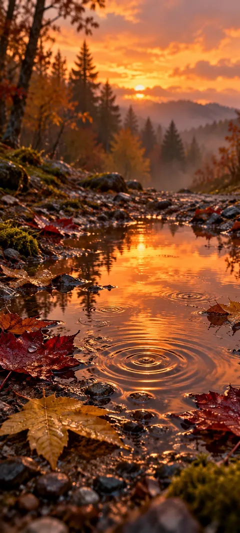 Copper sunset reflections and rain rings in a puddle beside wet autumn leaves.