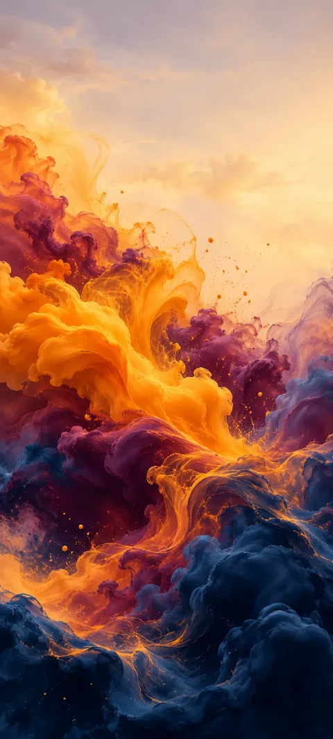 Saffron plumes expand into plum and navy abstract layers.