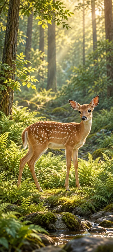 A spotted deer stands on moss among ferns beneath tall sunlit trees.