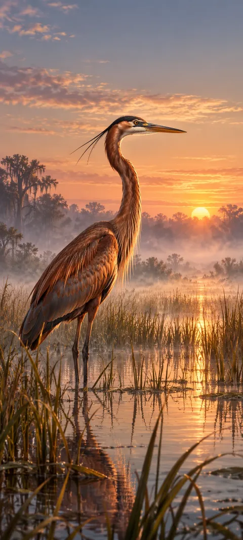 A heron stands among reeds in a quiet marsh.