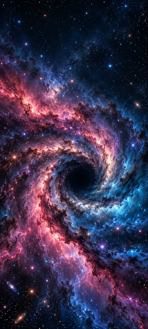 Rose and blue dust spiral around a dark opening.