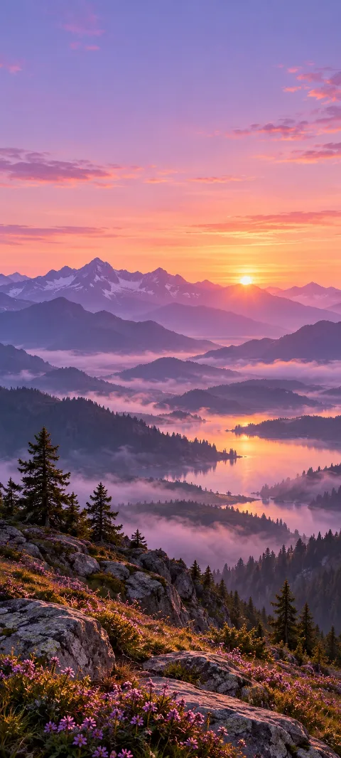 Lavender dawn silhouettes a layered mountain ridge.