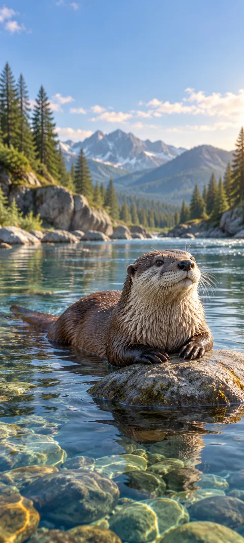A river otter rests on a stone in clear water.