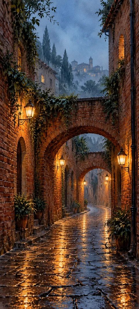 Rainy brick alley with ivy, glowing lanterns, arches and blue mist around distant buildings.