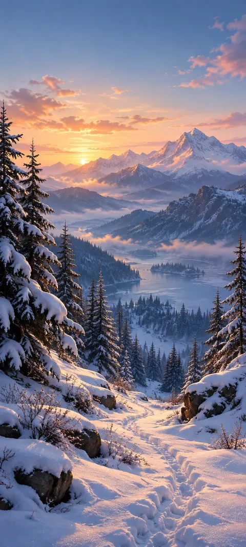 Snowy pines open onto a blue-shadowed hollow and trail.