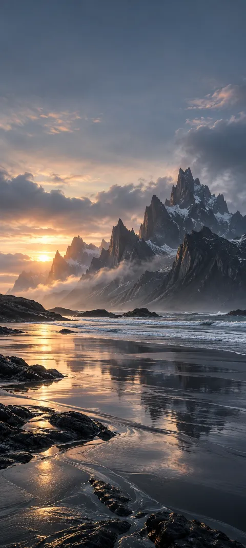 Dark basalt mountains rise beyond a reflective shore at dusk.