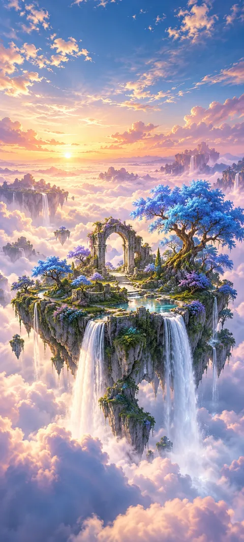 A floating garden island with blue trees, a stone arch and waterfalls above the clouds.