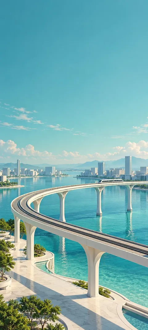 Curved white elevated transit track and small train above turquoise water beside a pale city plaza.