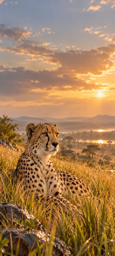 A cheetah rests among tall golden grasses.