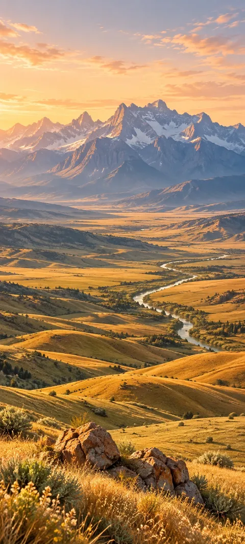 Golden hills and a winding river lead toward a blue mountain range beneath a peach sky.