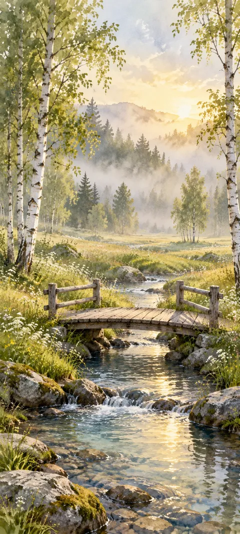 A small wooden footbridge over a meadow stream framed by white birches and wildflowers.