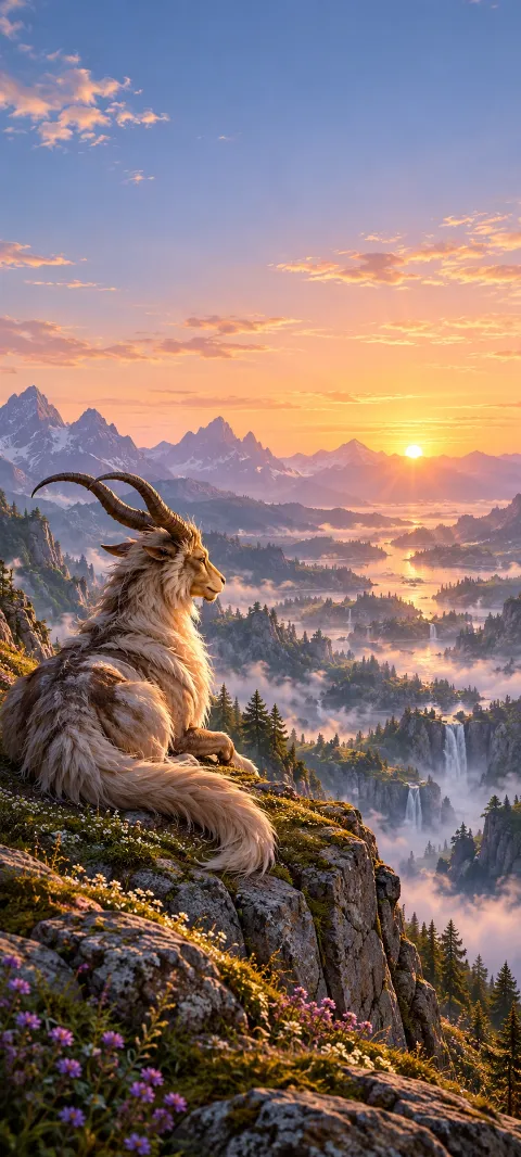 A gentle horned creature watches a dawn valley.