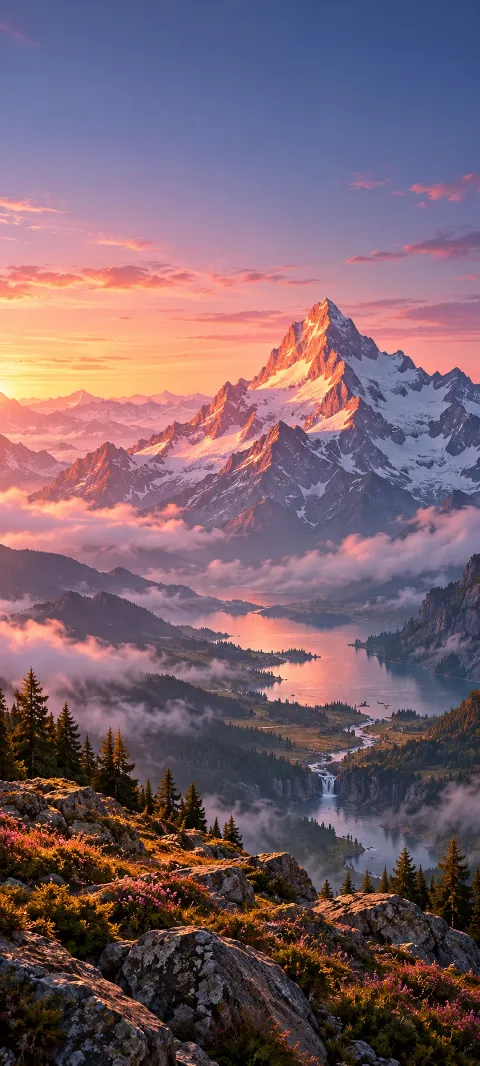 Rose light touches a sharp peak above a quiet valley.