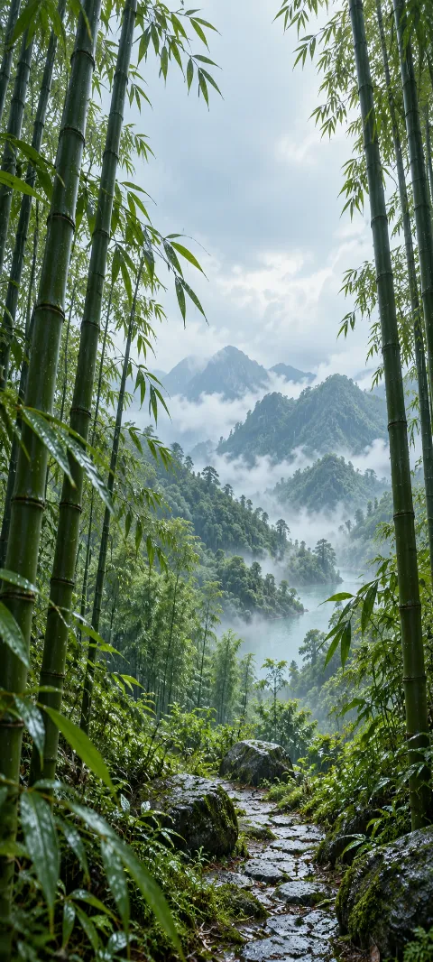 A narrow clearing opens through tall bamboo in gentle rain.