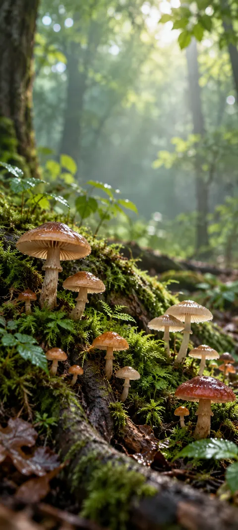 Small forest mushrooms grow around a mossy root.