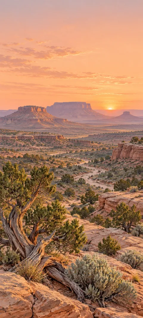 Juniper shrubs and red rock shelves overlook a dry desert wash and distant mesas.