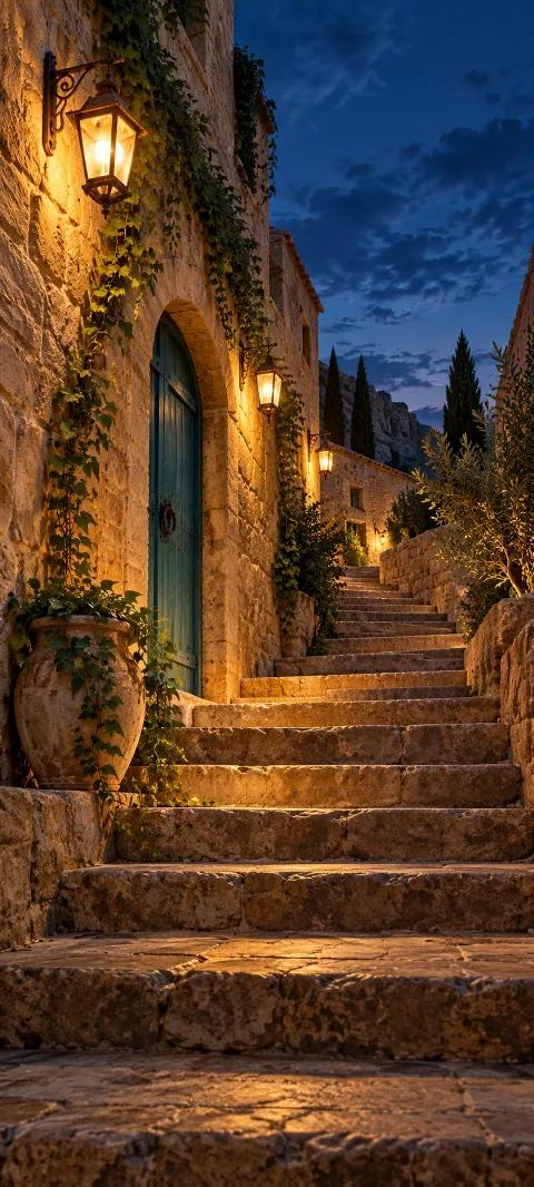 Lantern-lit sandstone steps beside ivy and a teal arched door beneath blue twilight sky.