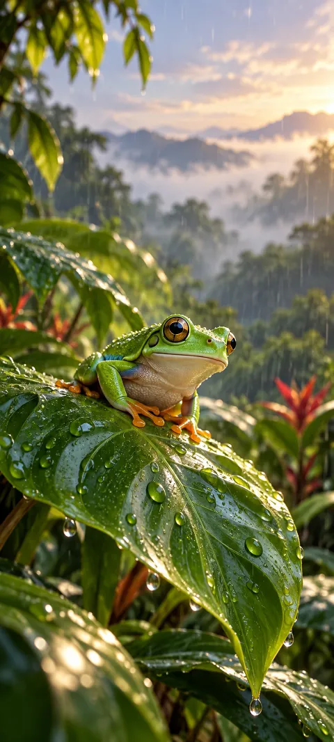 A green tree frog sits on a rain-bright leaf.