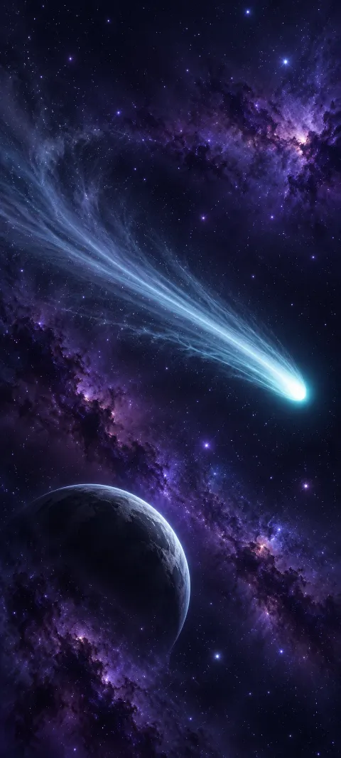 A pale cyan comet arcs above a crescent world in violet space.