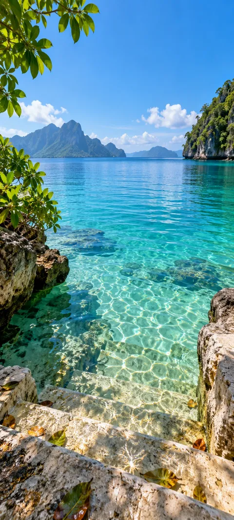 Clear lagoon water laps against pale stone steps.