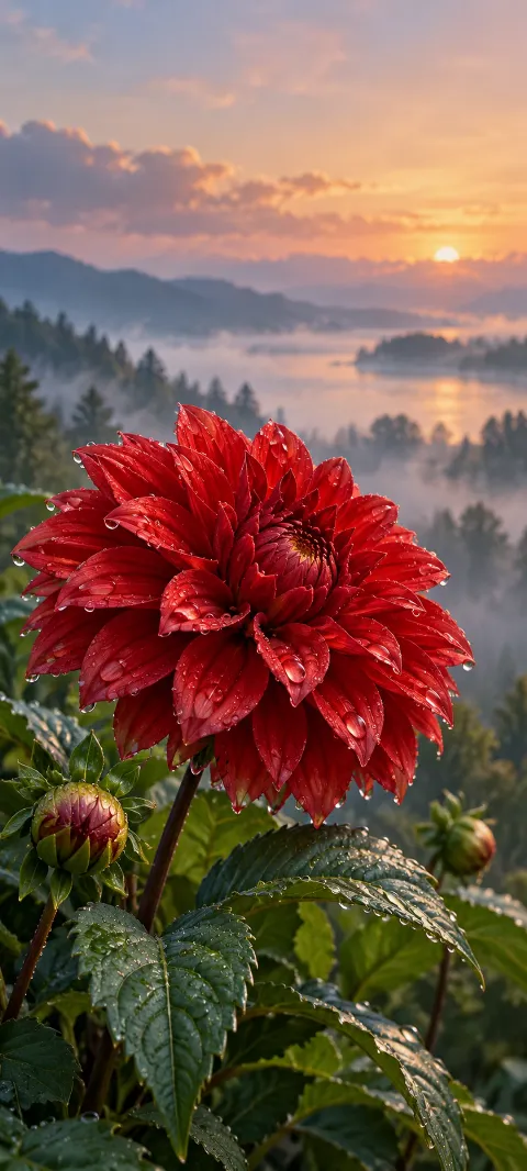 A red dahlia with droplets above green leaves, with a misty lake behind.