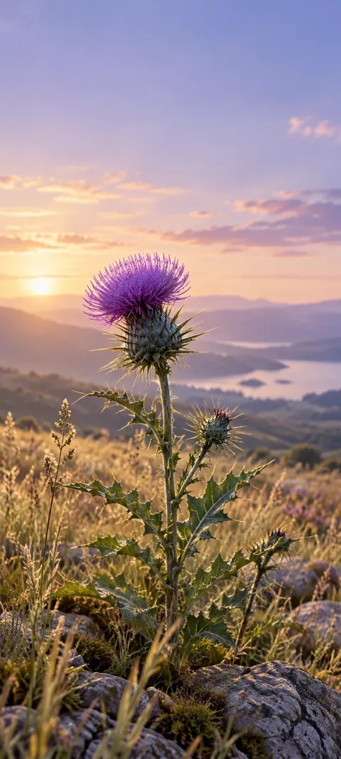 A purple thistle rises against a pale field.