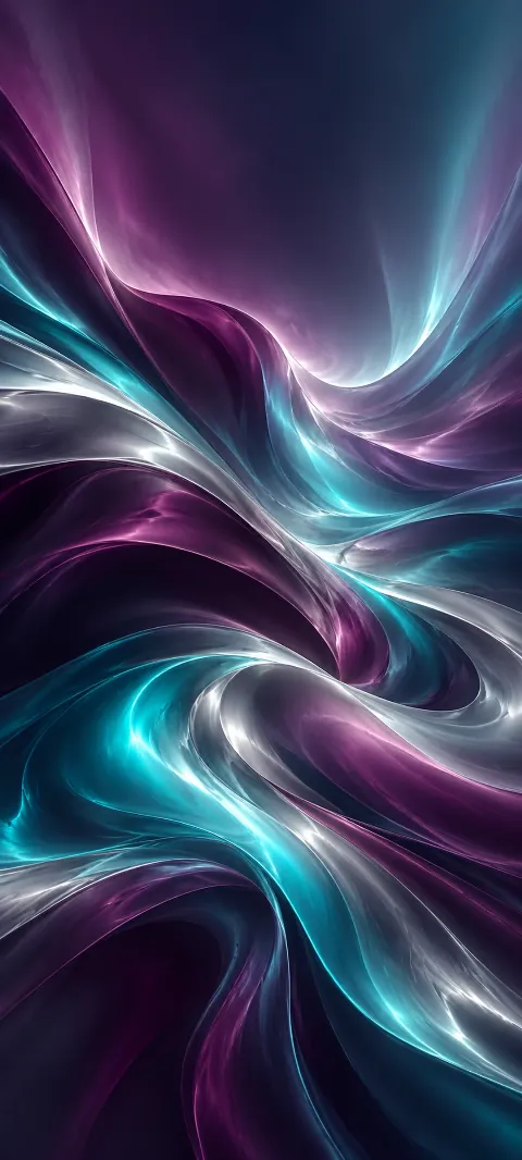 Plum, cyan and silver folds create a soft aurora-like abstraction.