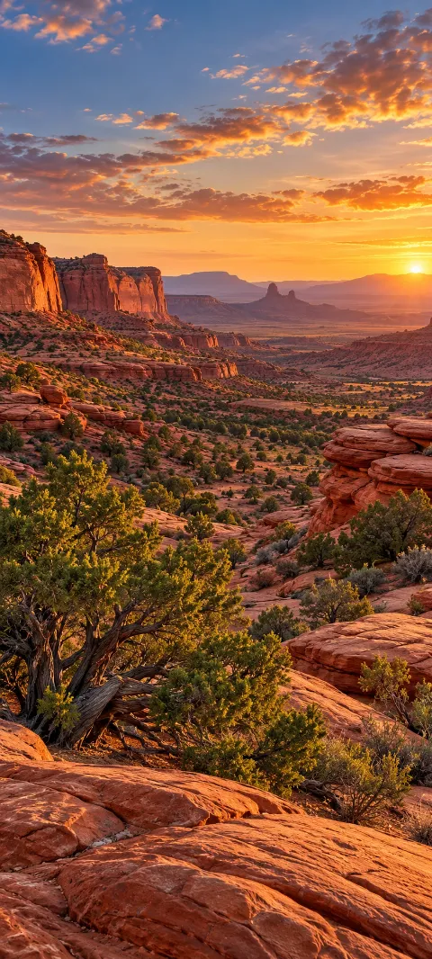 Juniper shrubs and red rock shelves form a quiet red-rock basin.