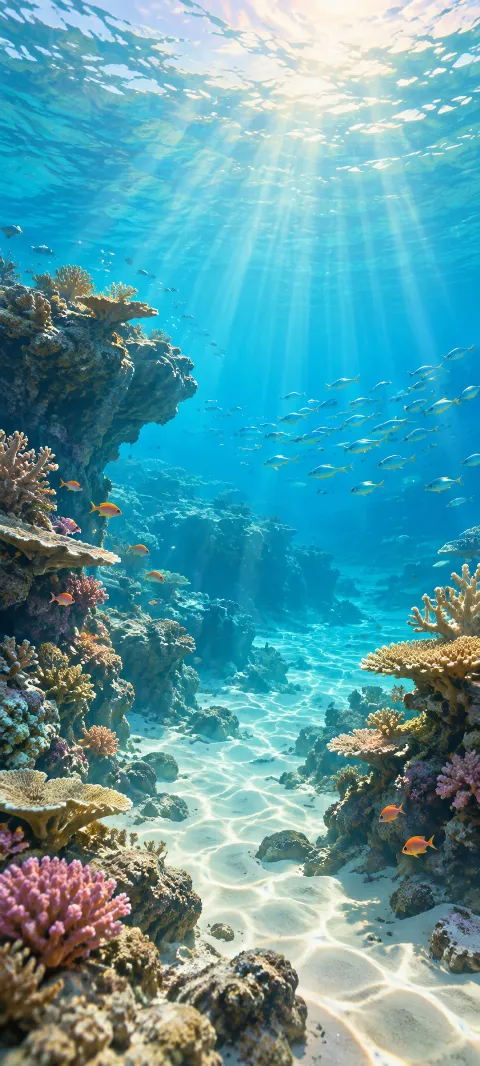 Sunlight reaches a coral lagoon with small fish.