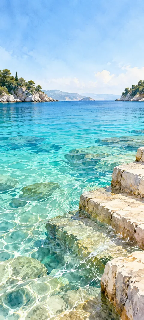 Clear blue lagoon with sunlit underwater stones beside pale rough-cut steps.