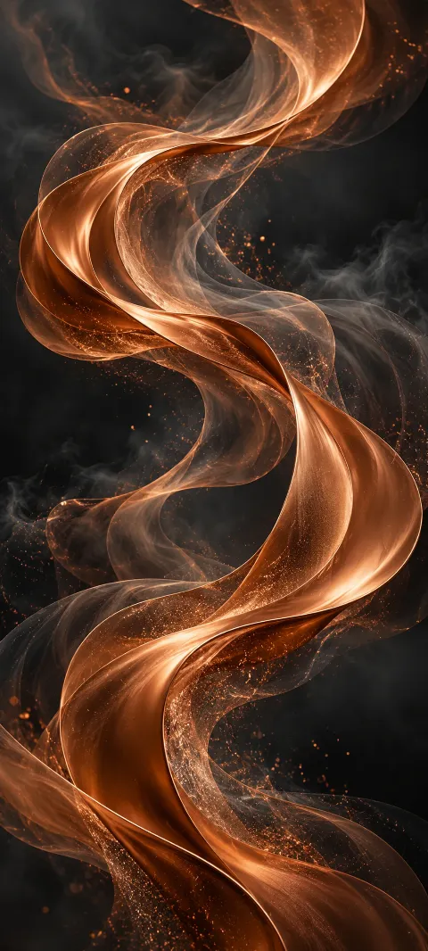 Copper smoke ribbons and sparks against a deep graphite background.