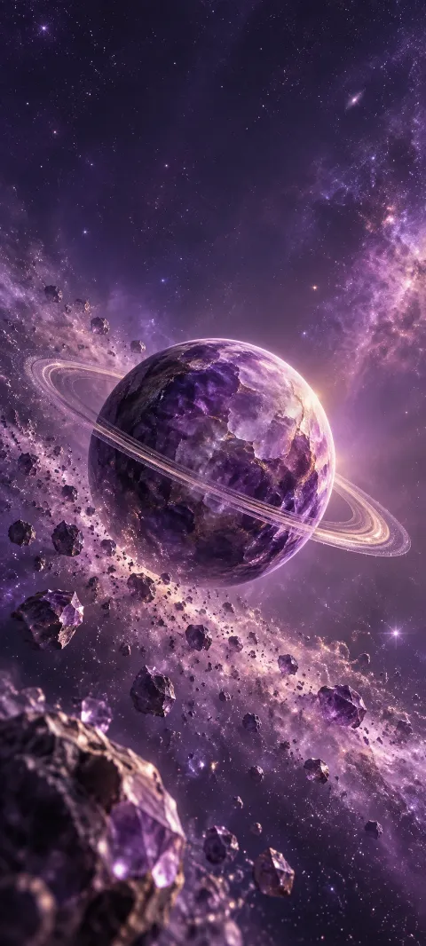 A small amethyst planet with a thin ring floats before violet dust.