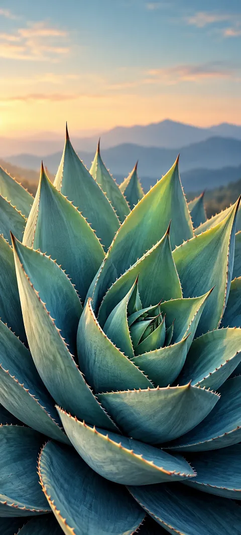 Blue-green agave leaves form a spiral with pale edge light.