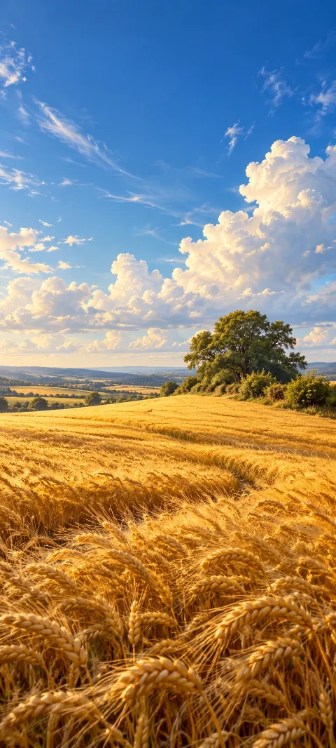 Golden wheat ripples toward a hedgerow beneath summer clouds.