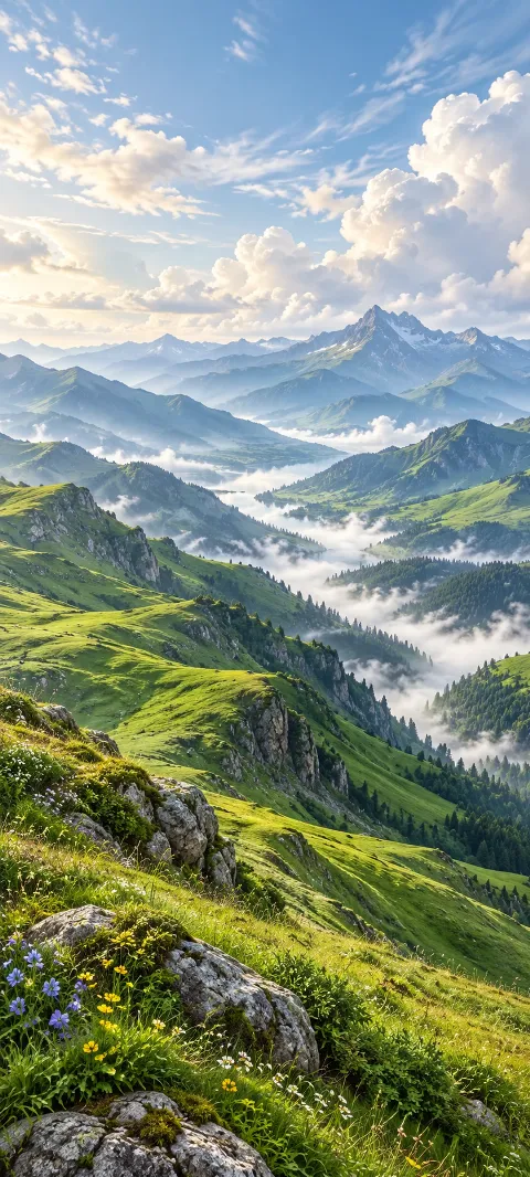 Green mountain slopes, misty valleys, distant peaks, and foreground wildflowers.
