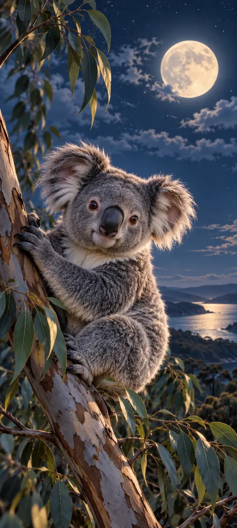 A koala clings to a eucalyptus branch under moonlight.