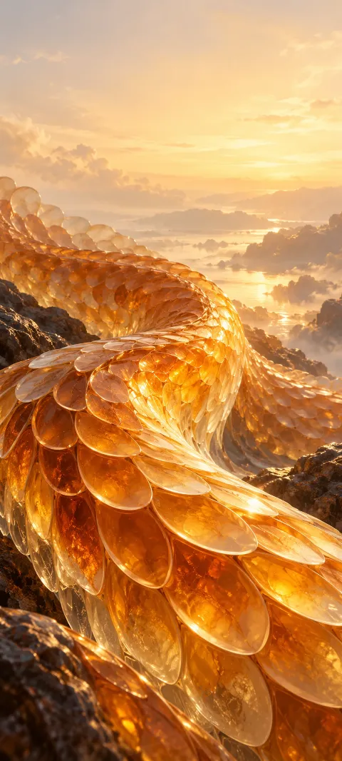 Repeating amber translucent scales form a glowing abstract pattern.