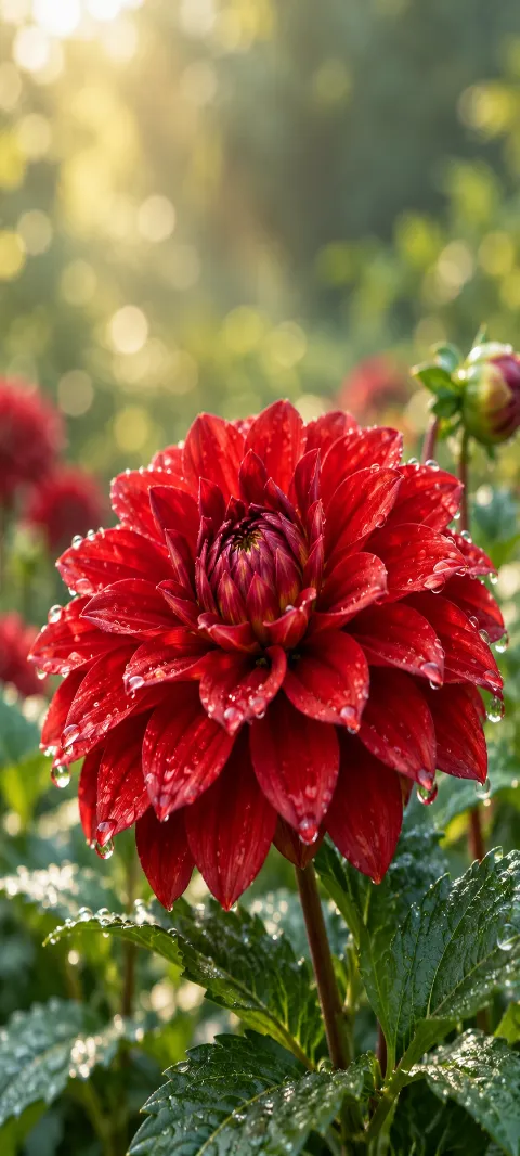 A scarlet dahlia holds raindrops above green leaves.
