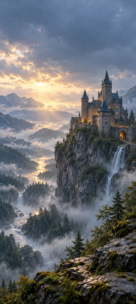 A quiet castle rests on a cliff behind falling rain.