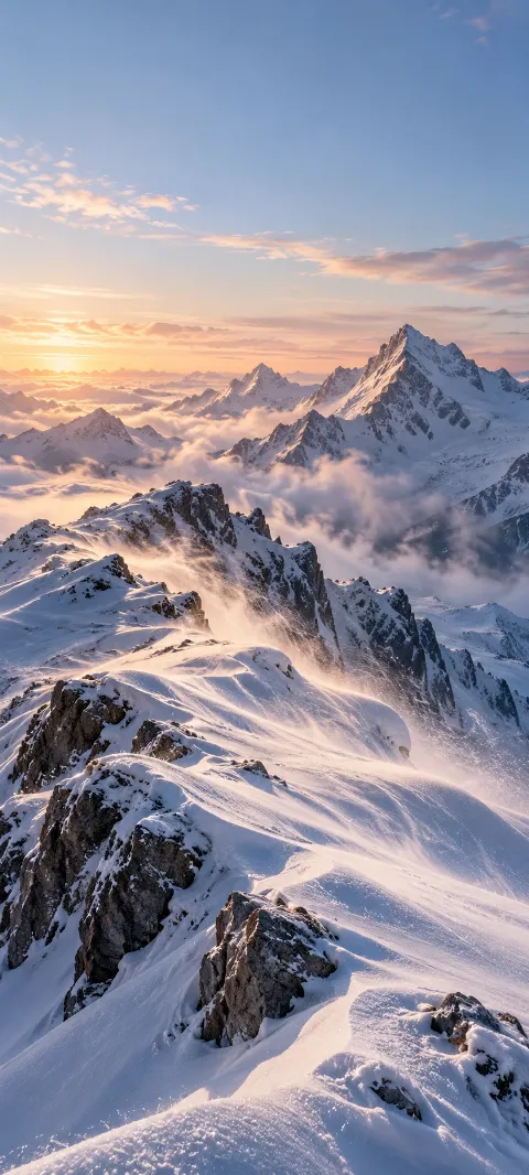 Snow streams across a high ridge under pale light.
