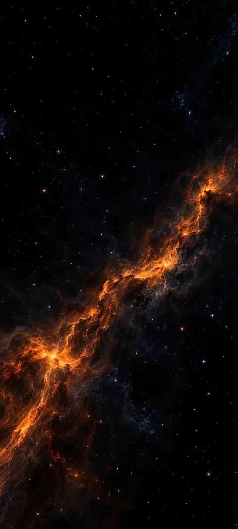 Thin diagonal orange nebula thread amid faint white and blue stars.