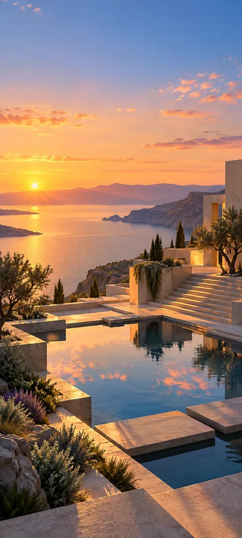 Concrete terraces catch sunrise around a geometric water court.