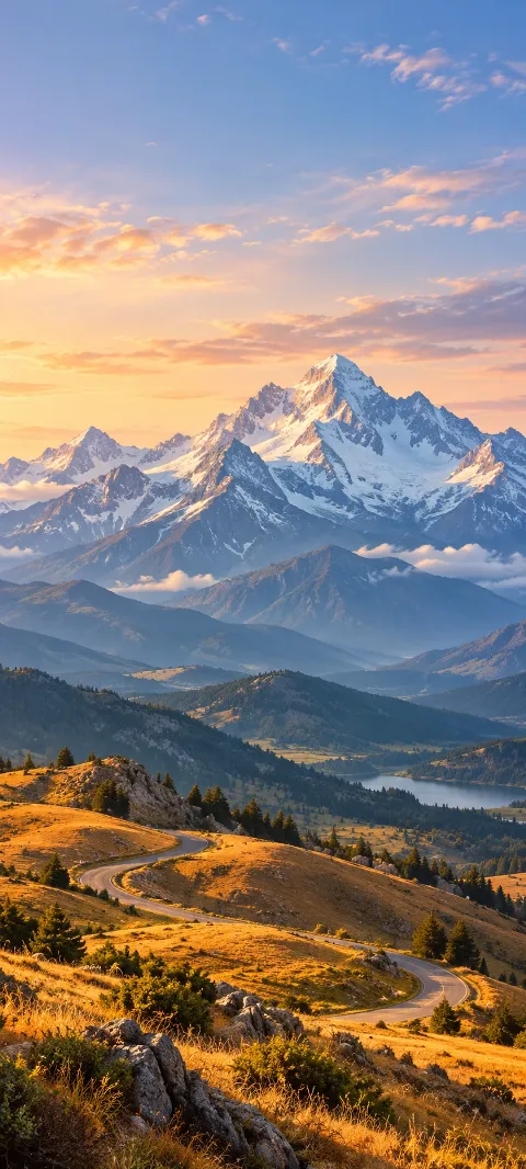Golden foothills roll toward a distant blue mountain wall.