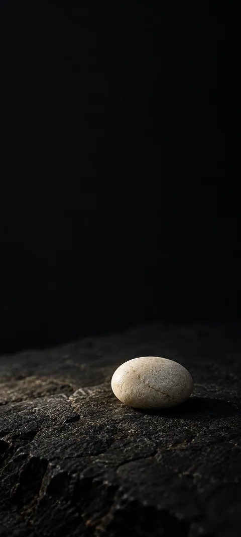 A small ivory pebble casts a short shadow on dark basalt.