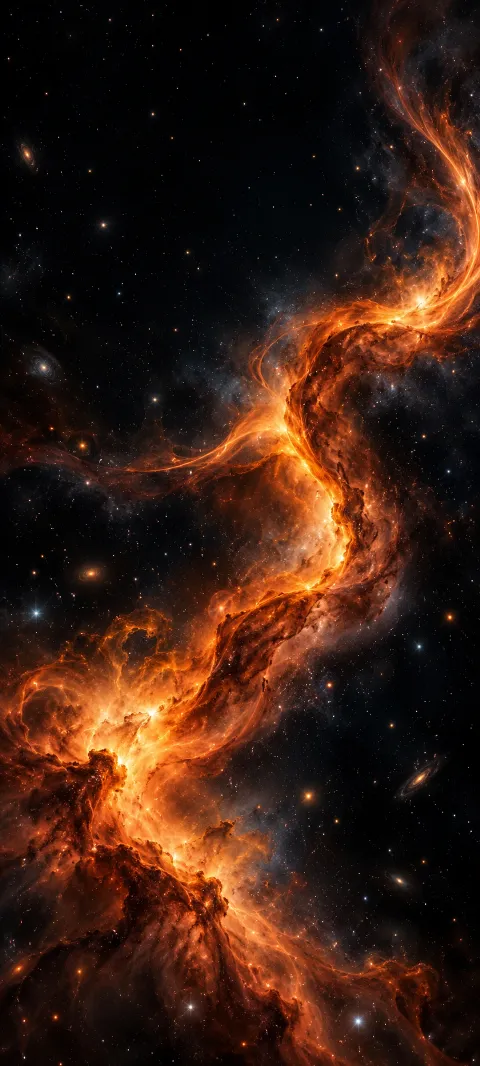 An orange nebula stream twists through a star-filled black field.