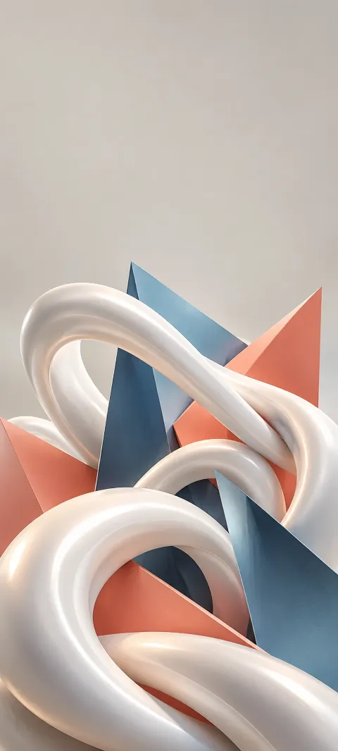 Pearl-white curves interlock with angular coral and blue planes on gray.